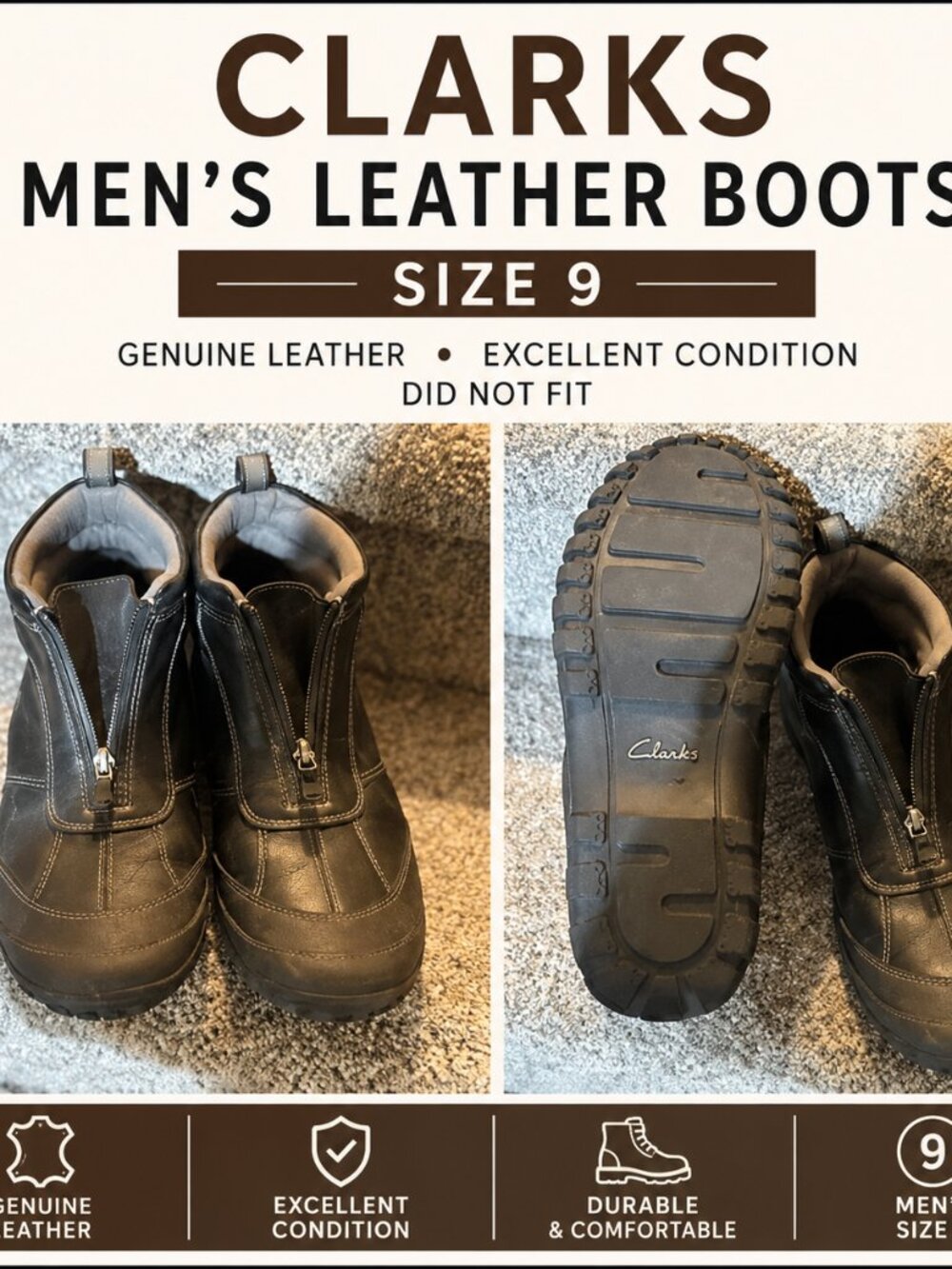 Clarks Men’s Leather Boots Size 9 – Excellent Condition